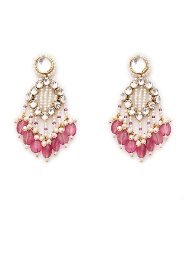 Pink Glass Kundan Mixed Alloy Earrings - Indya