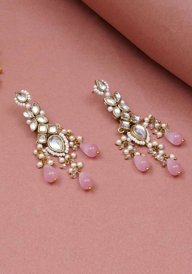 Pink Glass Kundan Mixed Alloy Earrings - Indya