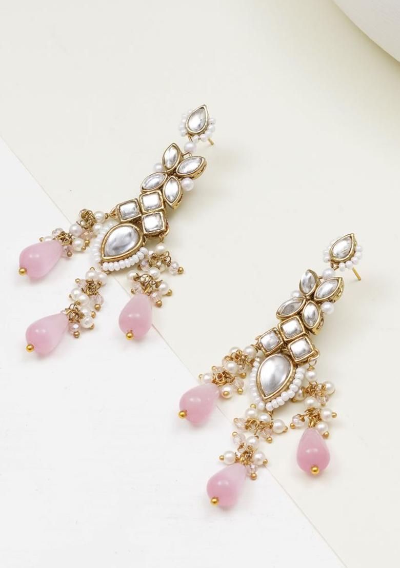 Pink Glass Kundan Mixed Alloy Earrings - Indya
