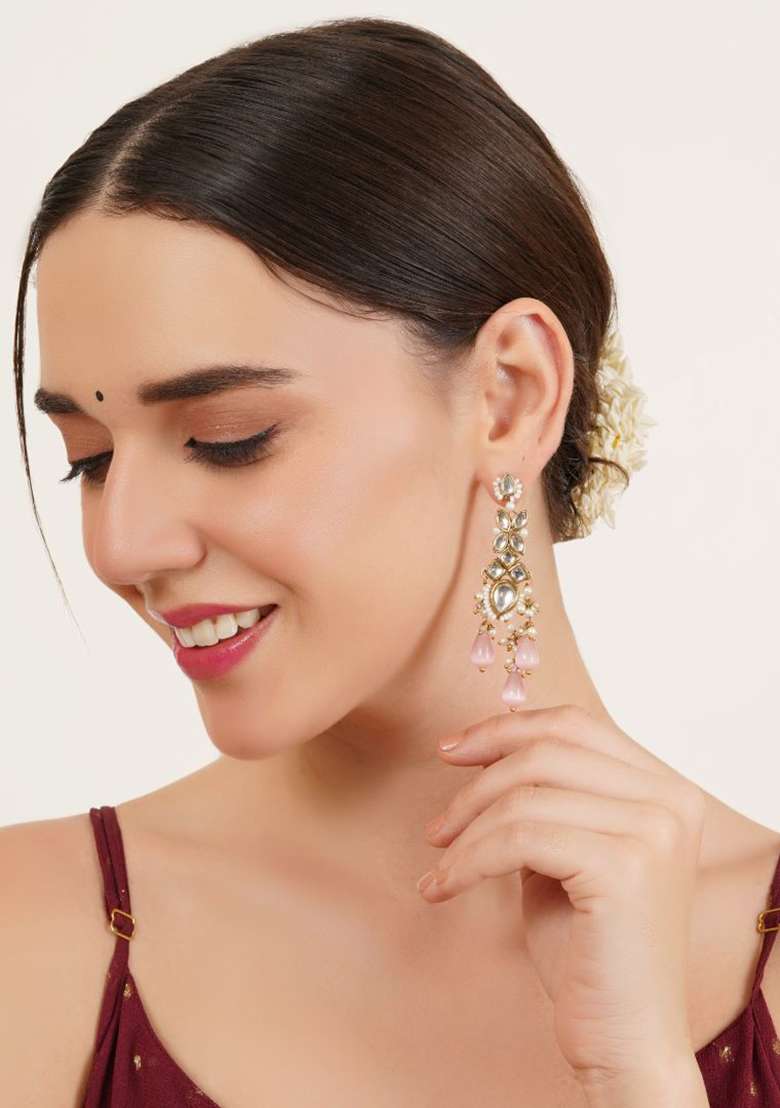 Pink Glass Kundan Mixed Alloy Earrings - Indya