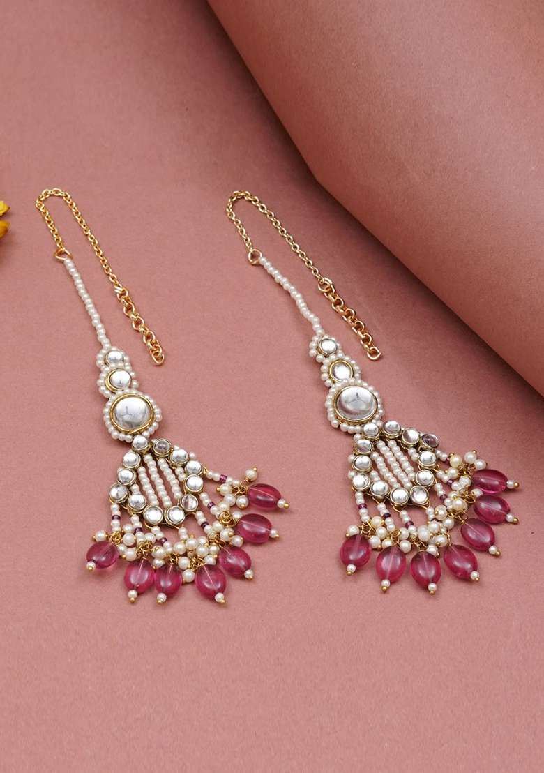 Pink Glass Kundan Mixed Alloy Earrings - Indya