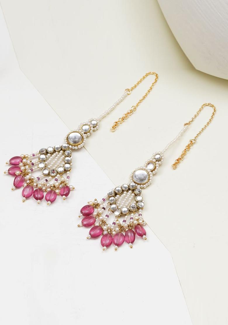 Pink Glass Kundan Mixed Alloy Earrings - Indya