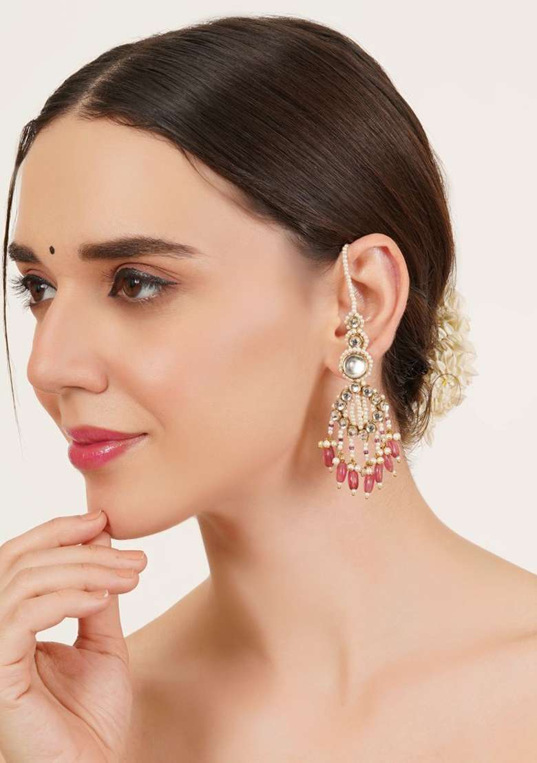 Pink Glass Kundan Mixed Alloy Earrings - Indya