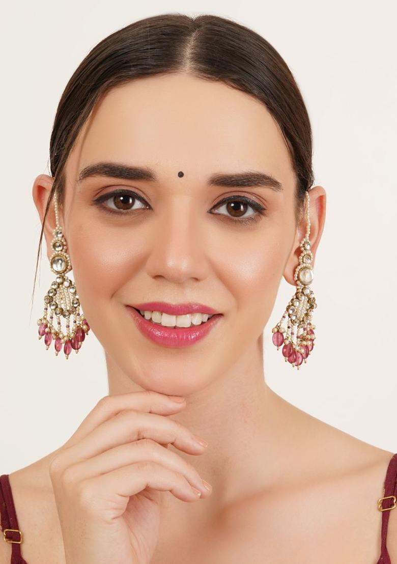 Pink Glass Kundan Mixed Alloy Earrings - Indya
