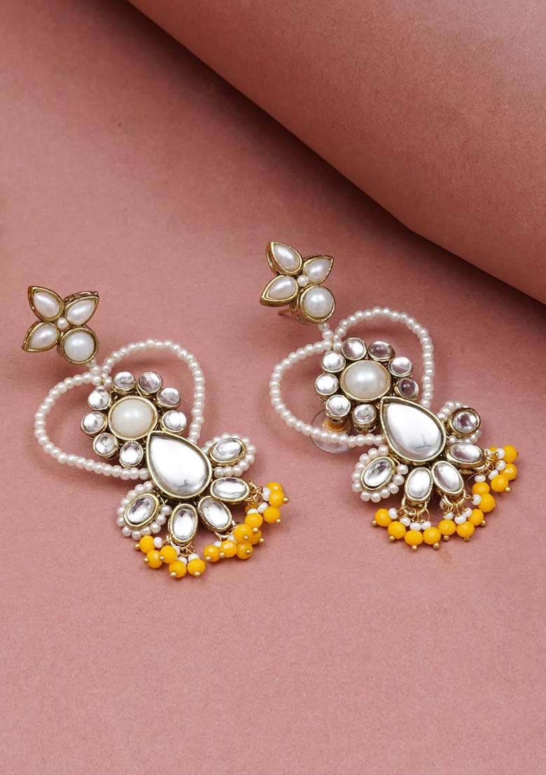 Yellow Glass Kundan Mixed Alloy Earrings - Indya