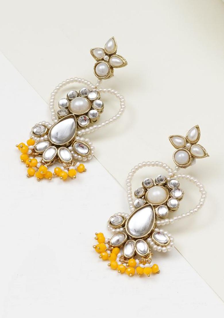 Yellow Glass Kundan Mixed Alloy Earrings - Indya
