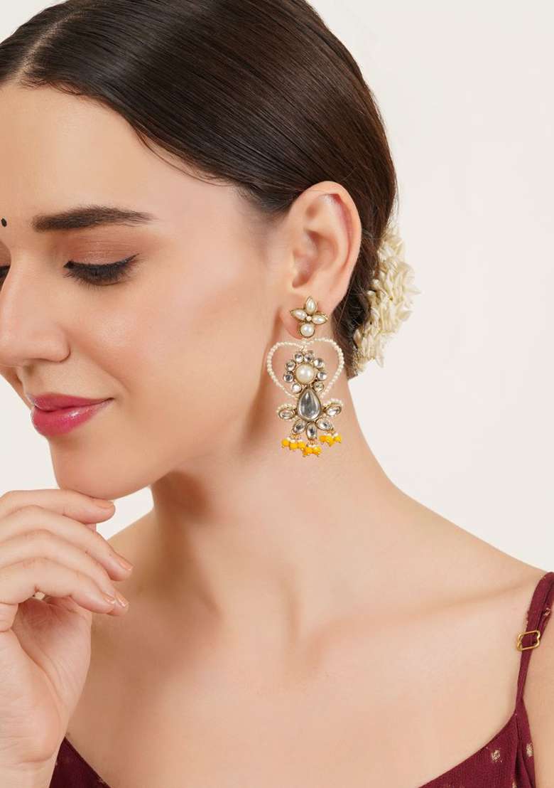 Yellow Glass Kundan Mixed Alloy Earrings - Indya