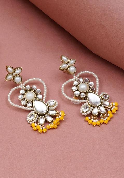 Yellow Glass Kundan Mixed Alloy Earrings