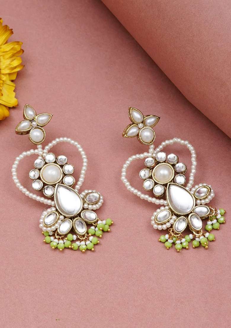 Green Glass Kundan Mixed Alloy Earrings - Indya