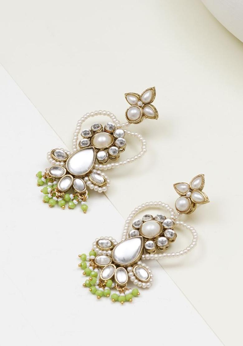 Green Glass Kundan Mixed Alloy Earrings - Indya