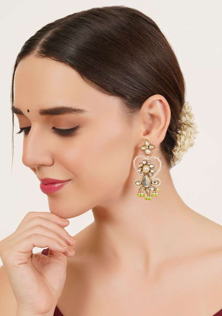 Green Glass Kundan Mixed Alloy Earrings - Indya