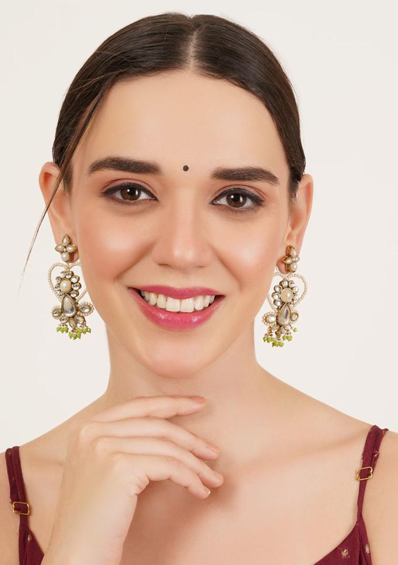 Green Glass Kundan Mixed Alloy Earrings - Indya