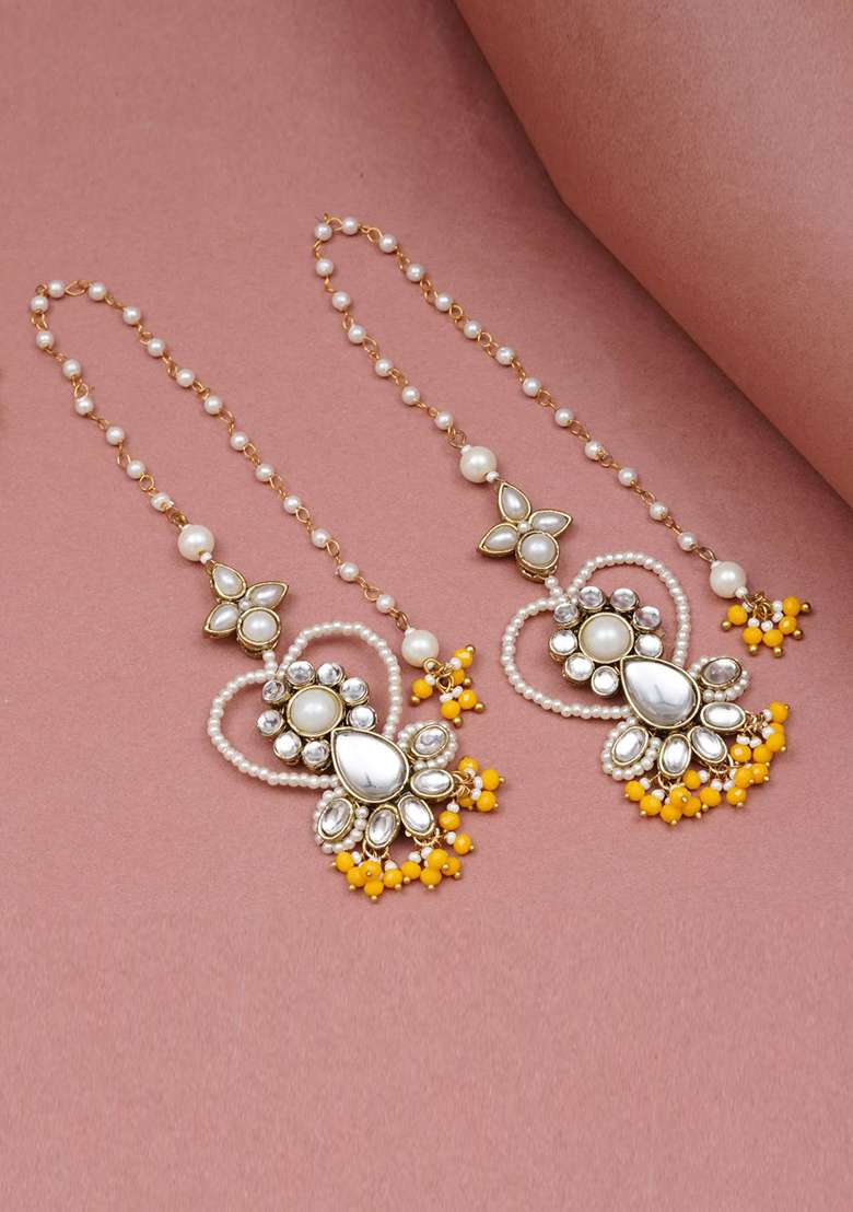Yellow Glass Kundan Mixed Alloy Earrings - Indya