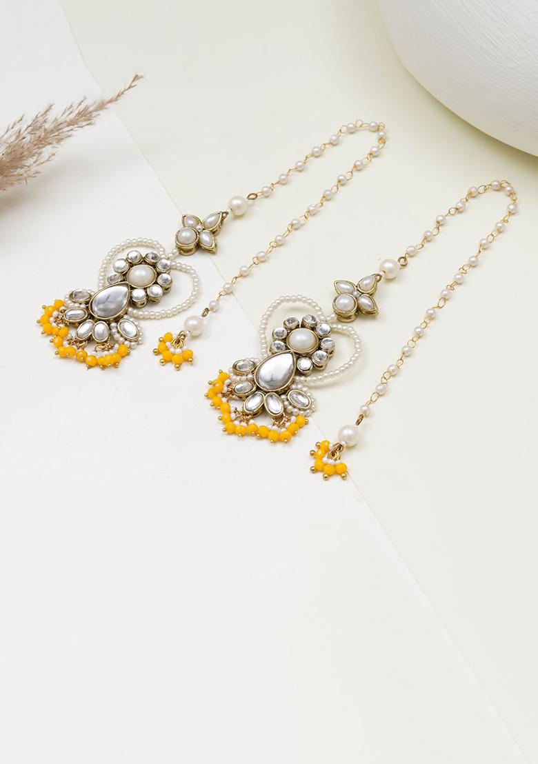 Yellow Glass Kundan Mixed Alloy Earrings - Indya