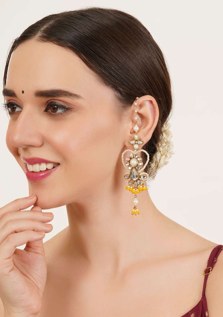 Yellow Glass Kundan Mixed Alloy Earrings - Indya