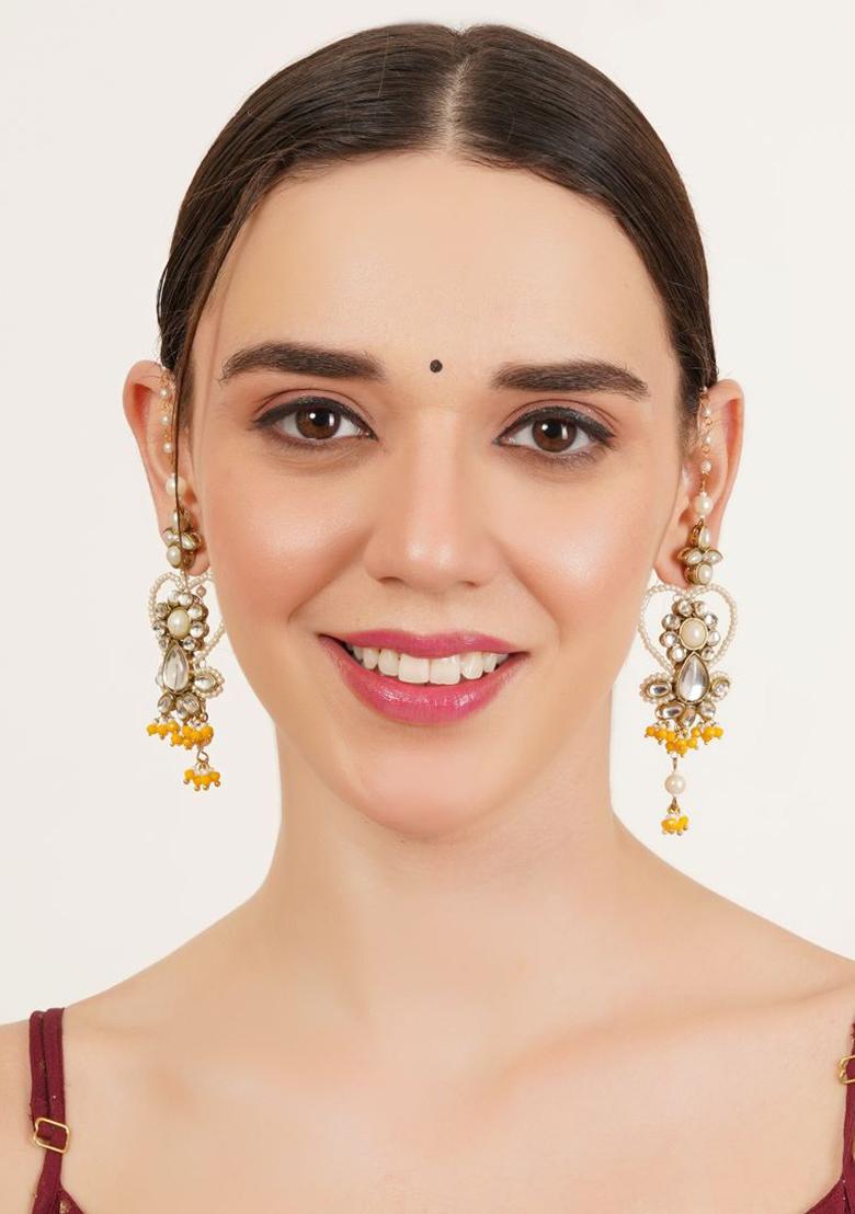 Yellow Glass Kundan Mixed Alloy Earrings - Indya