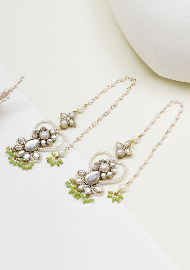 Green Glass Kundan Mixed Alloy Earrings - Indya