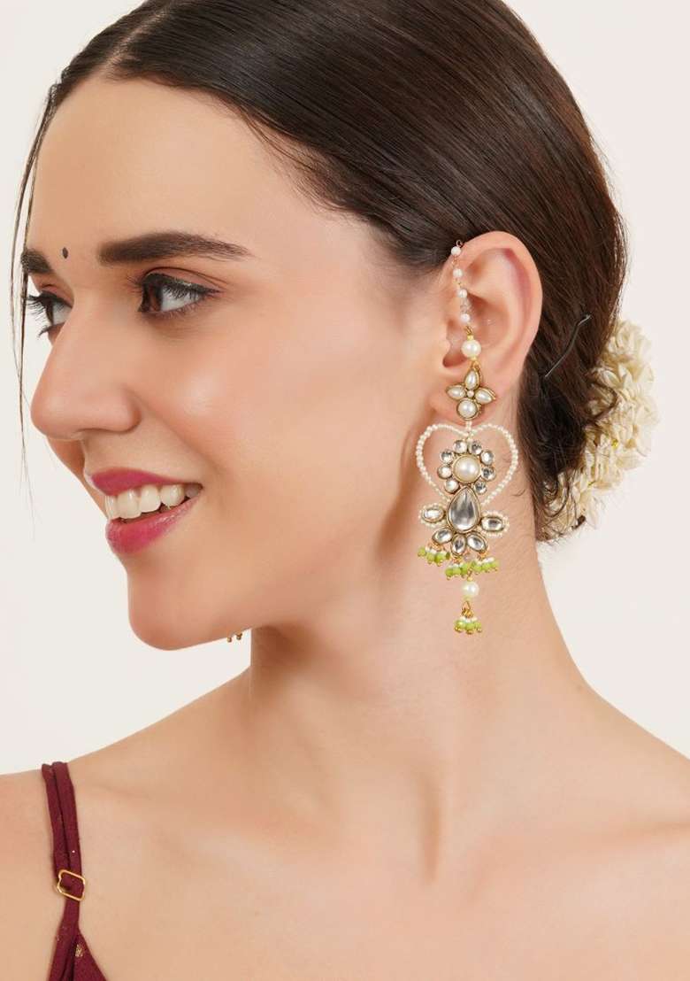 Green Glass Kundan Mixed Alloy Earrings - Indya