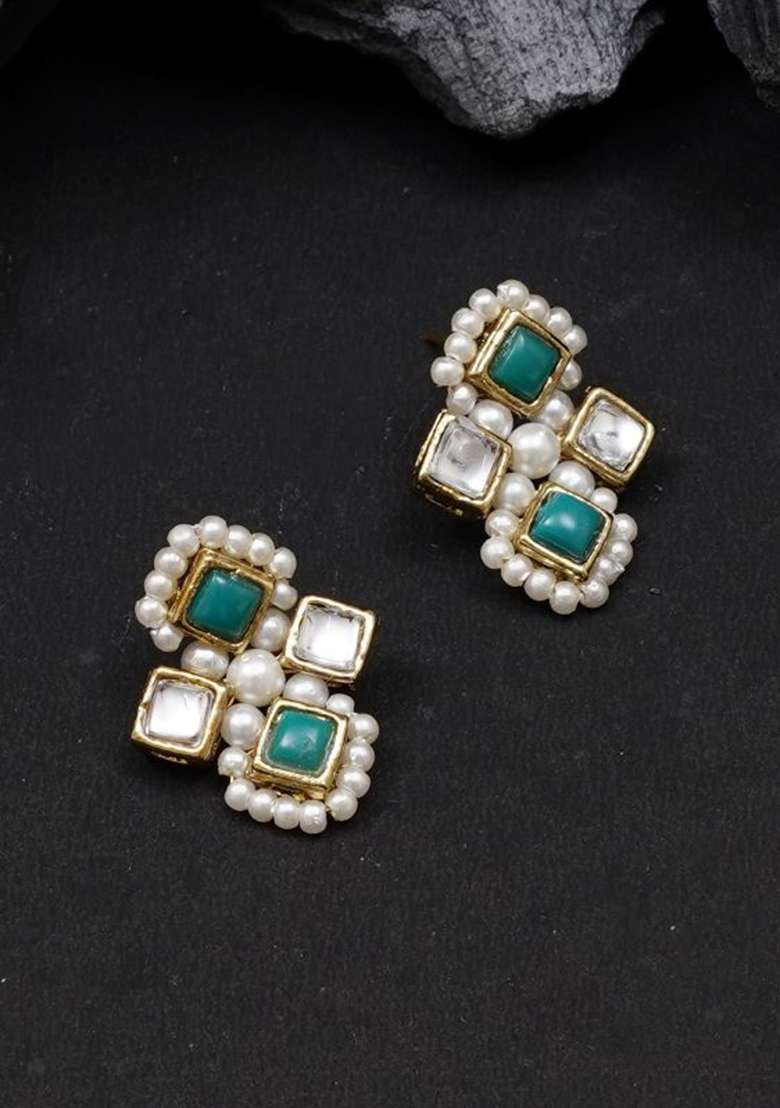 Green Glass Kundan Mixed Alloy Earrings - Indya