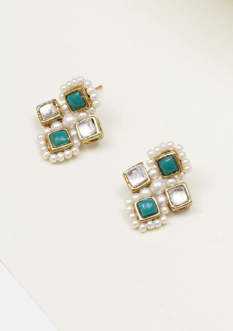 Green Glass Kundan Mixed Alloy Earrings - Indya