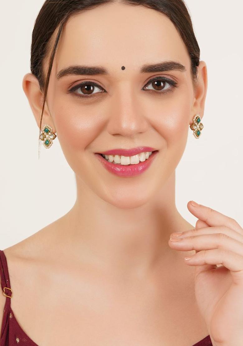 Green Glass Kundan Mixed Alloy Earrings - Indya