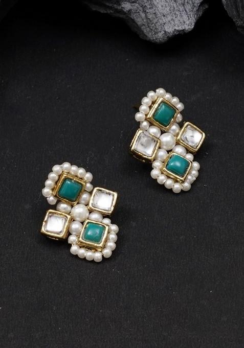 Green Glass Kundan Mixed Alloy Earrings
