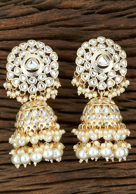 Golden White Designer Brass Earring