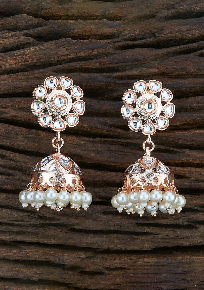 Golden White Designer Brass Earring - Indya