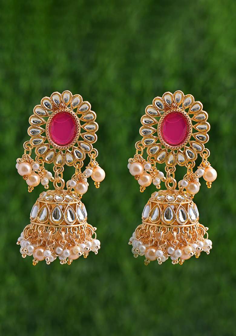 Golden White Ruby Designer Brass Earring - Indya
