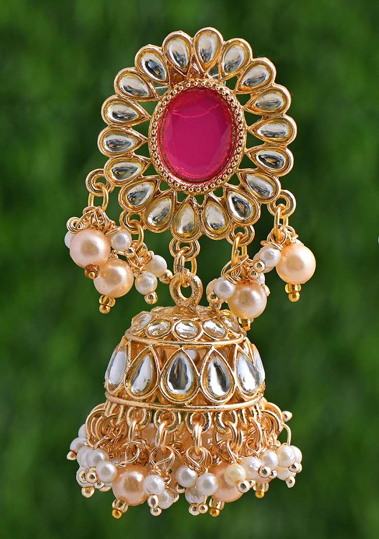 Golden White Ruby Designer Brass Earring - Indya