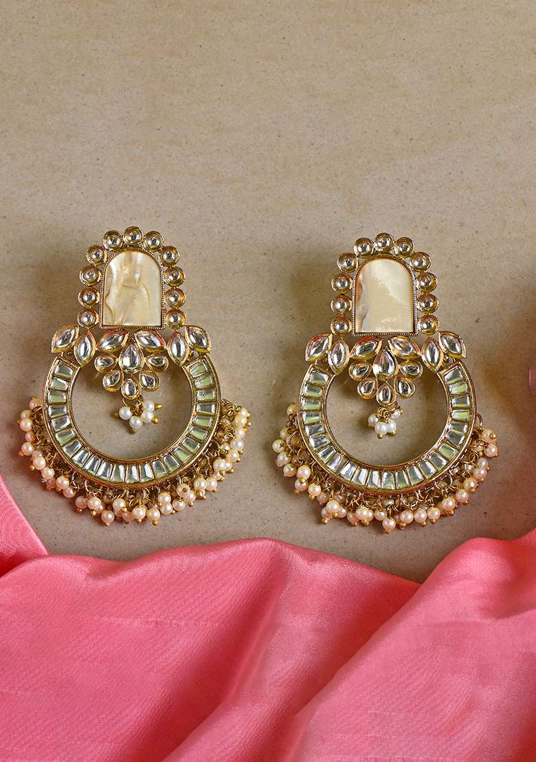 Golden White Designer Brass Earring - Indya