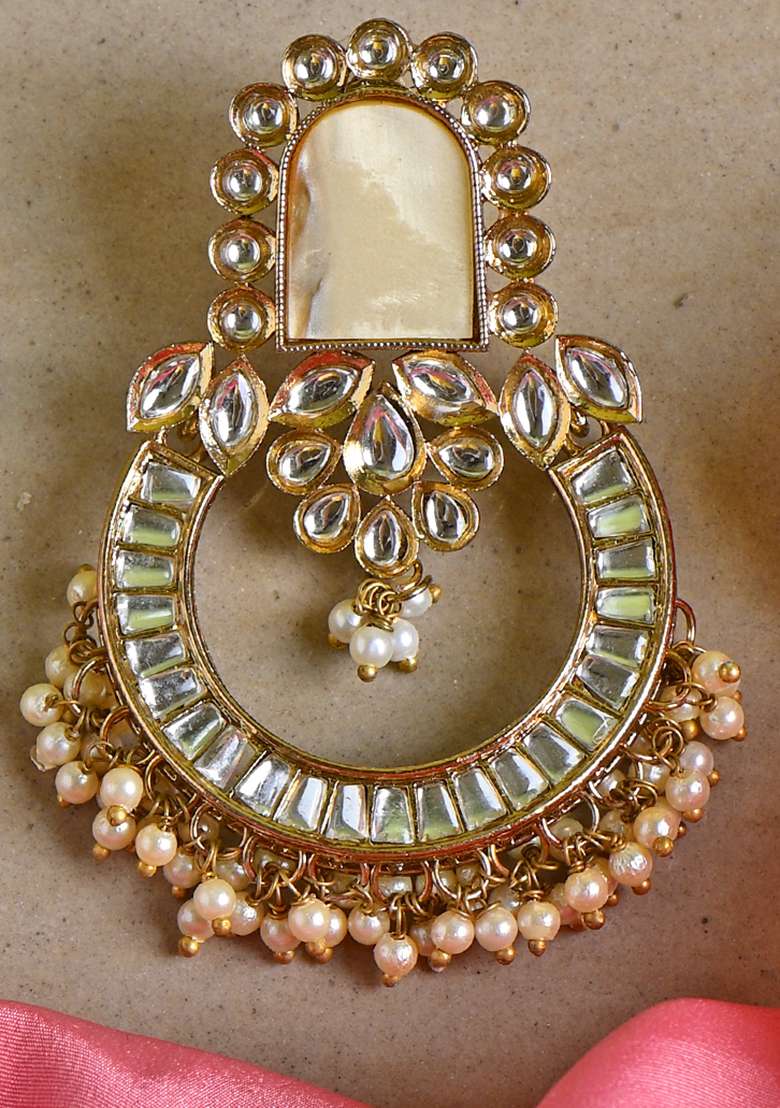 Golden White Designer Brass Earring - Indya