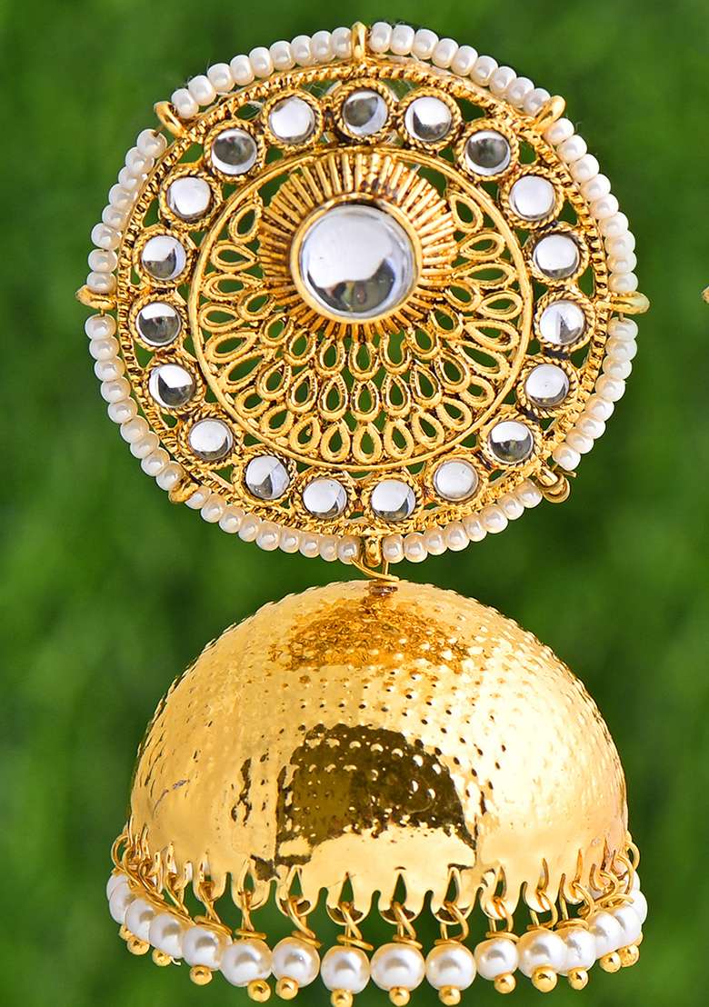 Golden White Designer Brass Earring - Indya