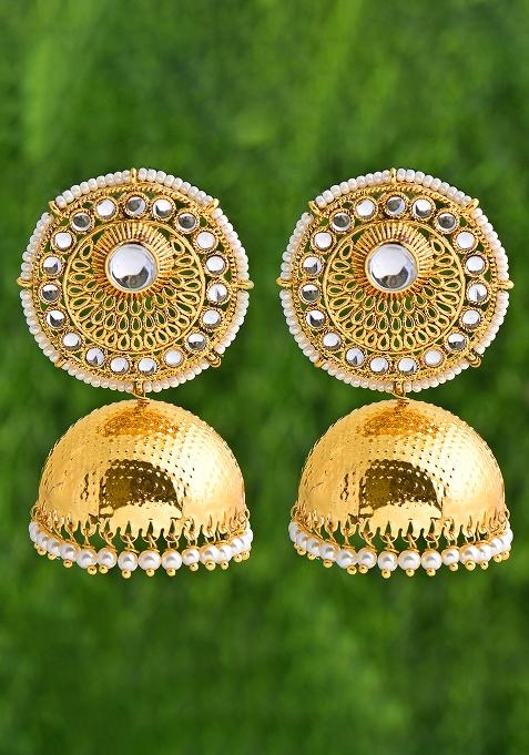 Golden White Designer Brass Earring