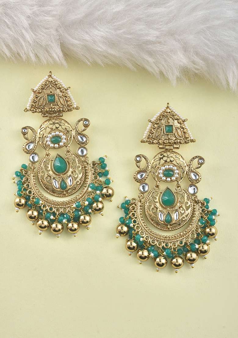 White Green Kundan Pearl Mina Gold Plated Earrings - Indya