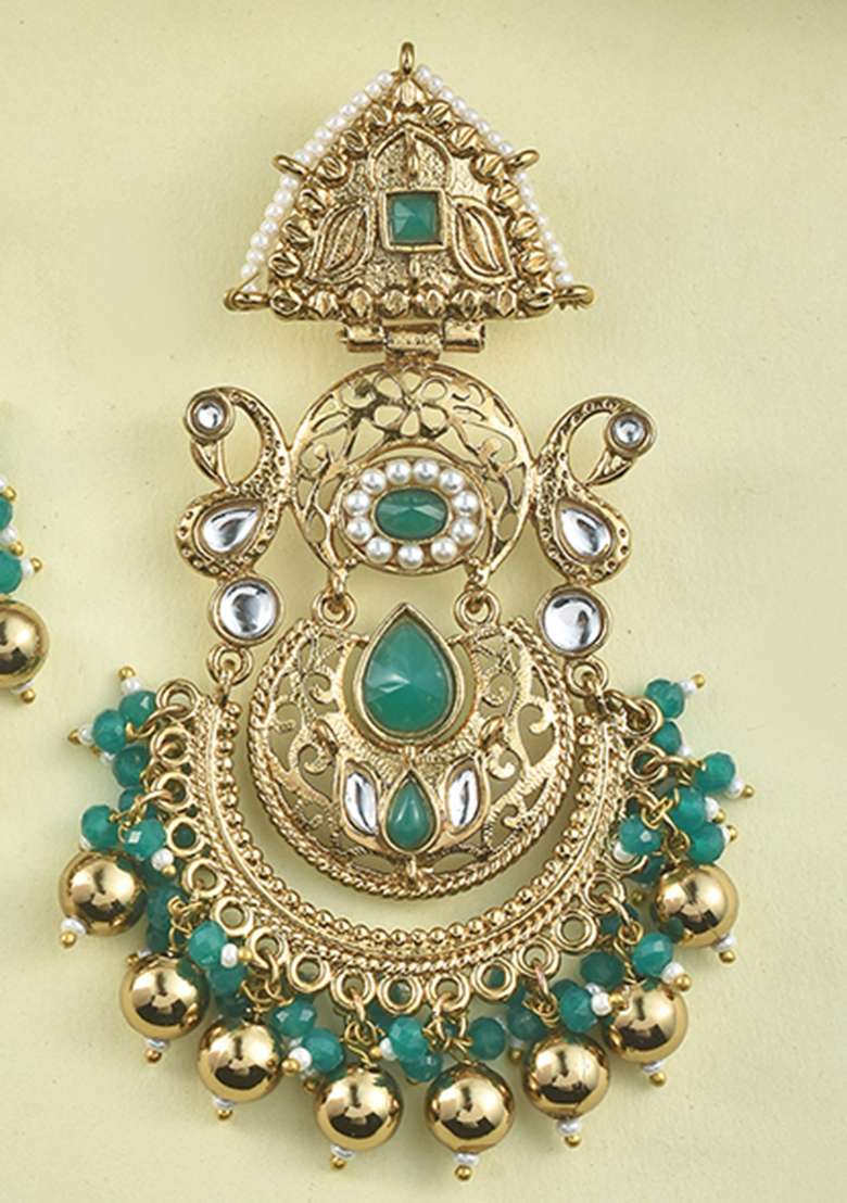 White Green Kundan Pearl Mina Gold Plated Earrings - Indya