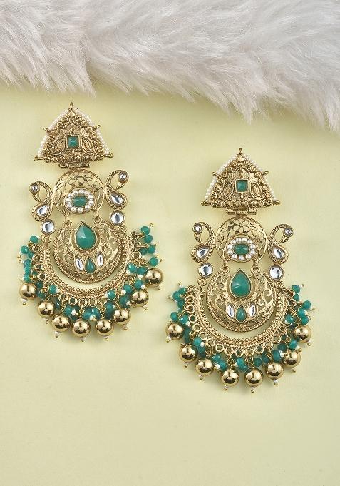 White Green Kundan Pearl Mina Gold Plated Earrings
