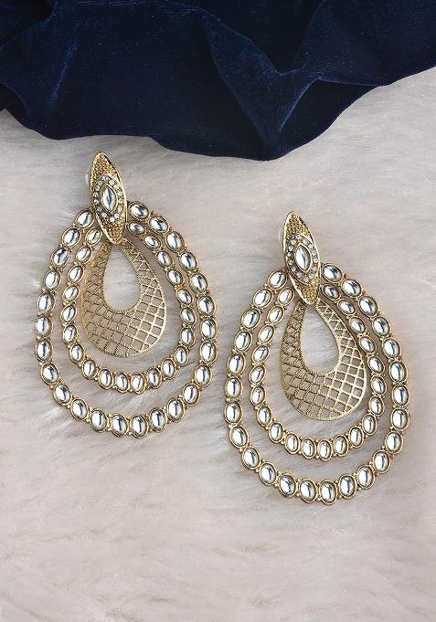 White Kundan Pearl Mina Gold Plated Earrings