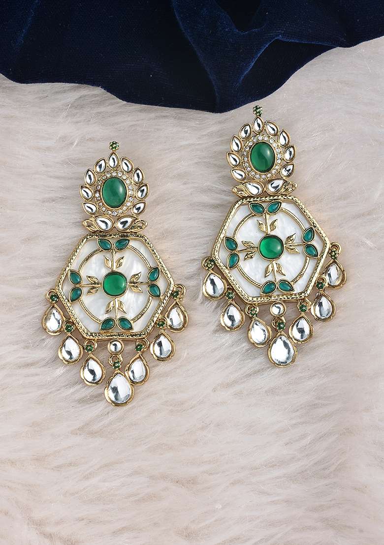 White Green Brass And Ruby Stone Gold Plated Earrings - Indya