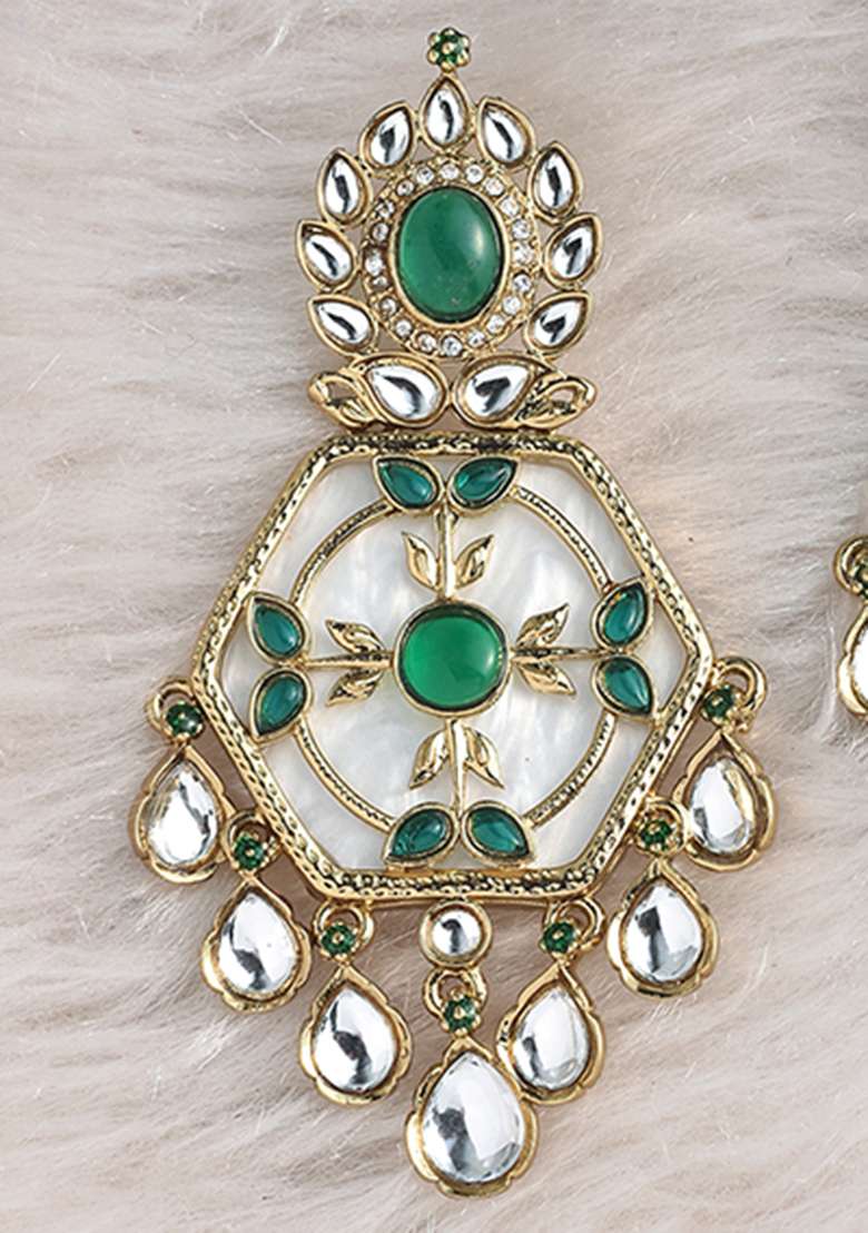 White Green Brass And Ruby Stone Gold Plated Earrings - Indya