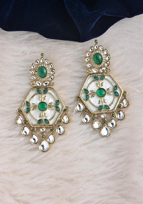 White Green Brass And Ruby Stone Gold Plated Earrings