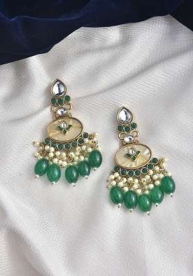 White Green Oxidised Metal And Pearl Gold Plated Earrings
