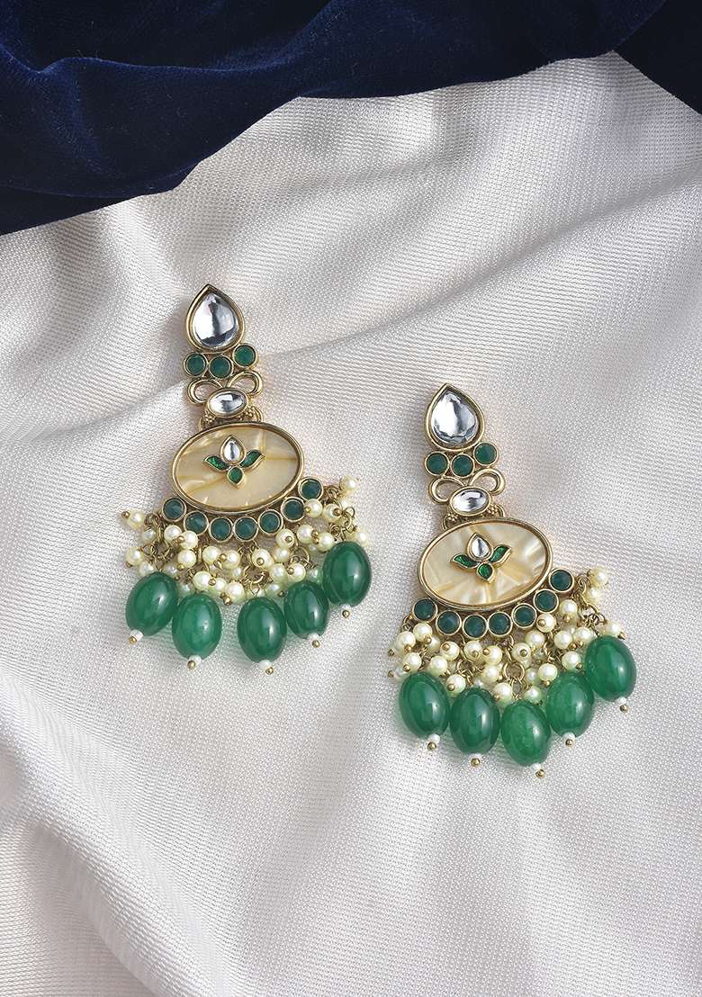 White Green Oxidised Metal And Pearl Gold Plated Earrings - Indya