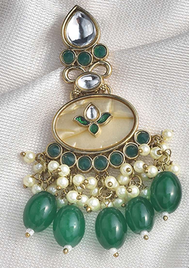 White Green Oxidised Metal And Pearl Gold Plated Earrings - Indya