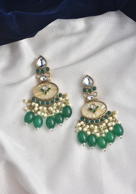 White Green Oxidised Metal And Pearl Gold Plated Earrings
