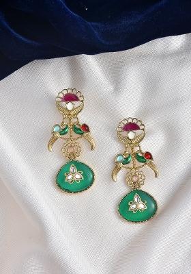 White Green Brass And Ruby Stone Gold Plated Earrings