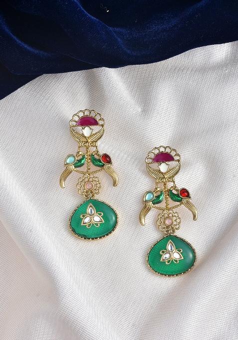 White Green Brass And Ruby Stone Gold Plated Earrings