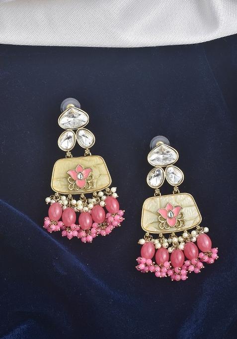 White Pink Kundan Pearl Gold Plated Earrings