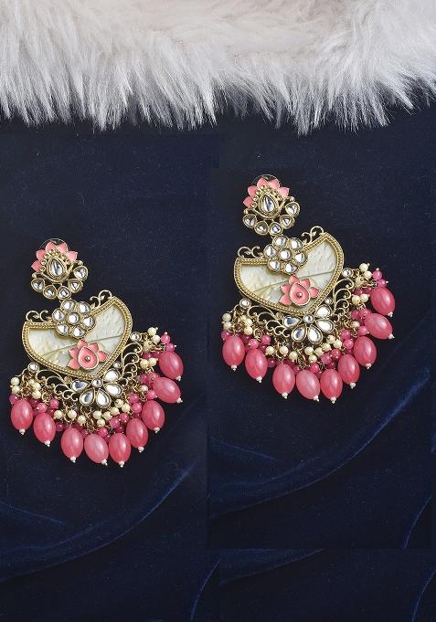 White Pink Kundan Pearl Gold Plated Earrings