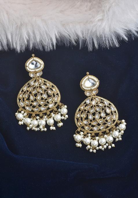 White Kundan Pearl Gold Plated Earrings